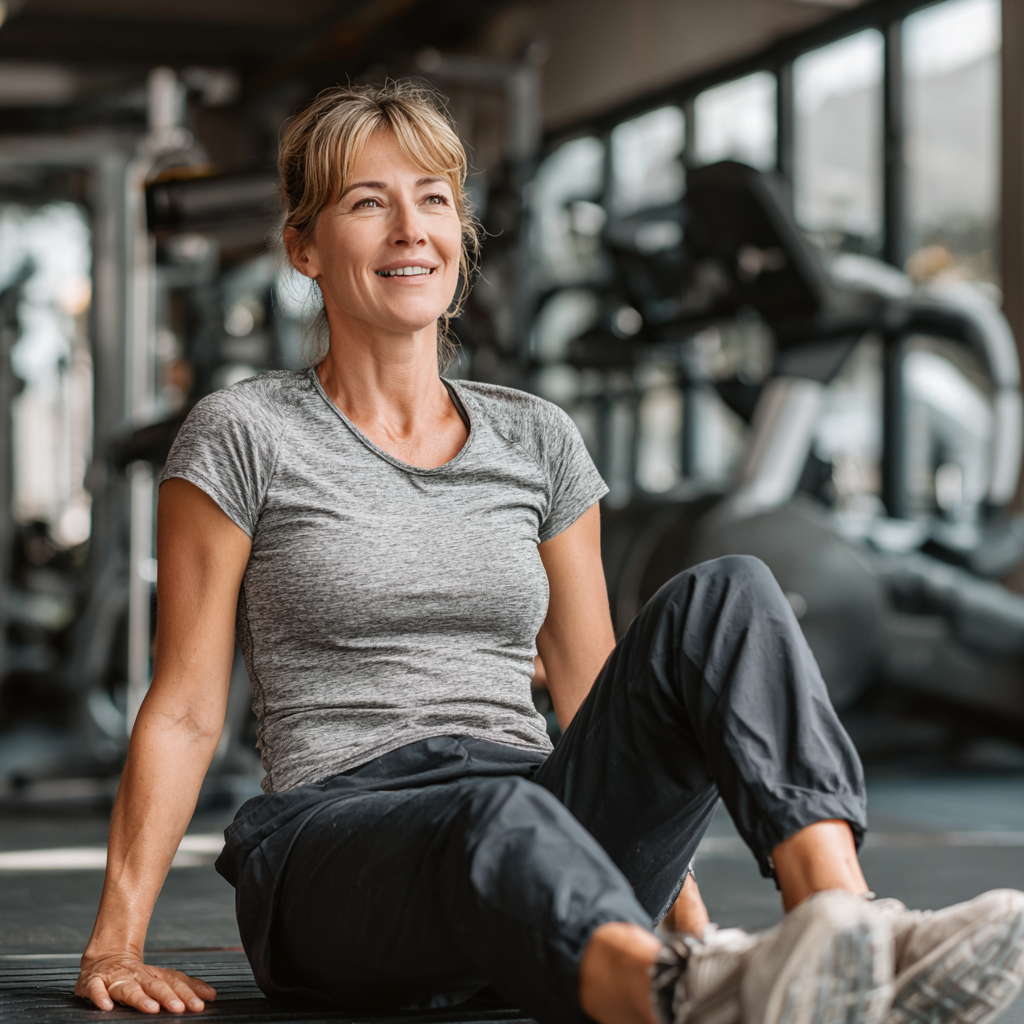 Усміхнена європейська жінка середнього віку в спортивному одязі, яка виконує вправи для зміцнення корпусу в сучасному фітнес-центрі