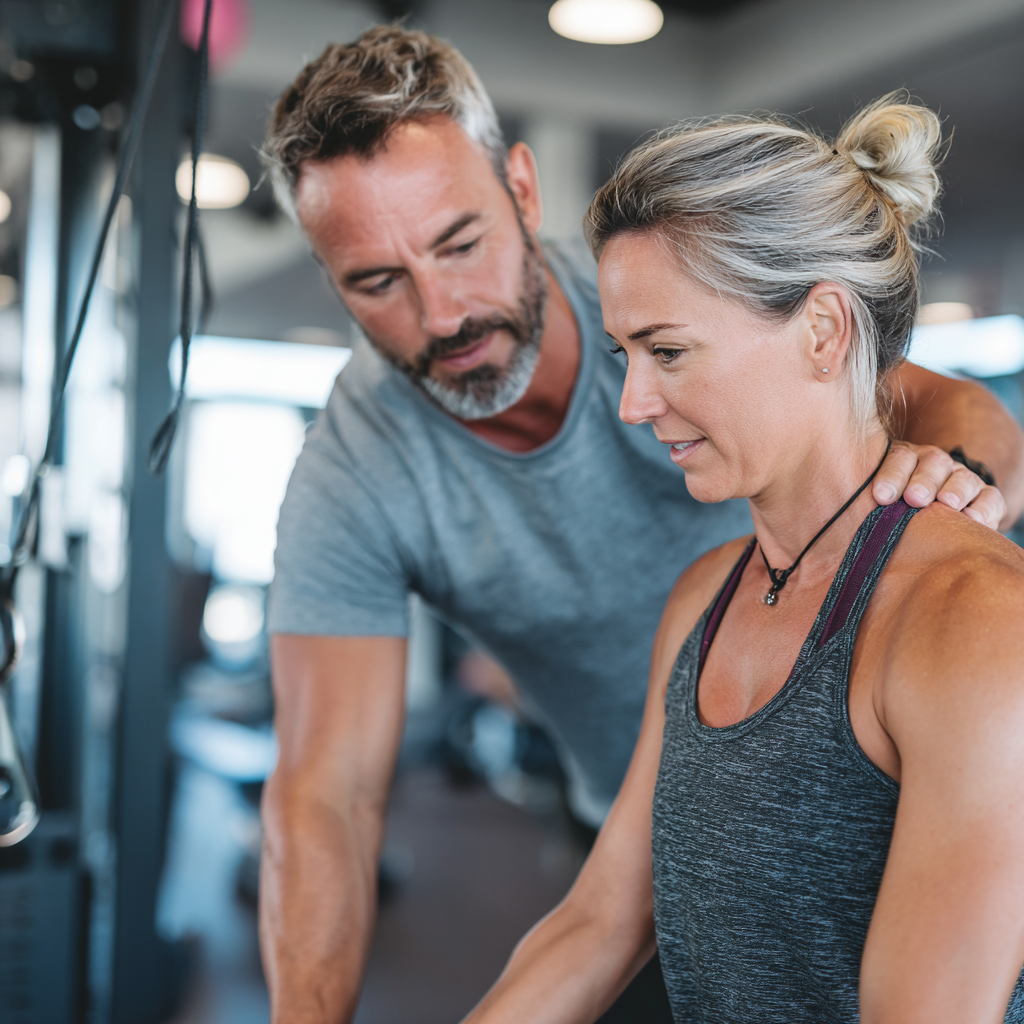 Професійний європейський тренер середнього віку демонструє правильну техніку вправ клієнту в сучасному тренажерному залі