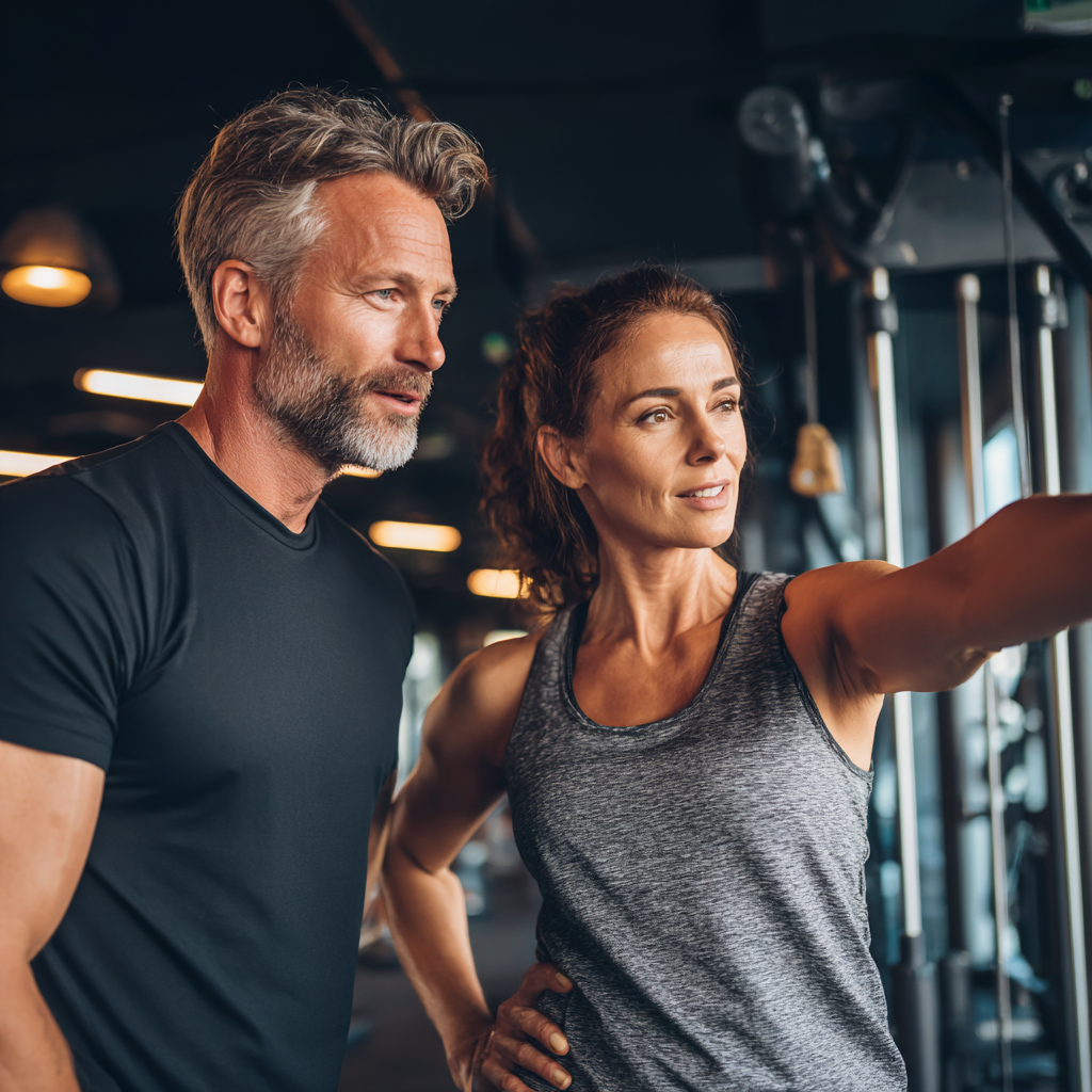 Молода європейська пара в спортивному одязі виконує парні вправи в сучасному фітнес-центрі з усмішками на обличчях