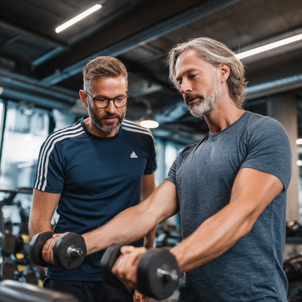 Щаслива європейська жінка середнього віку після тренування з полотенцем на плечах у спортивному залі, посміхається та показує великий палець вгору